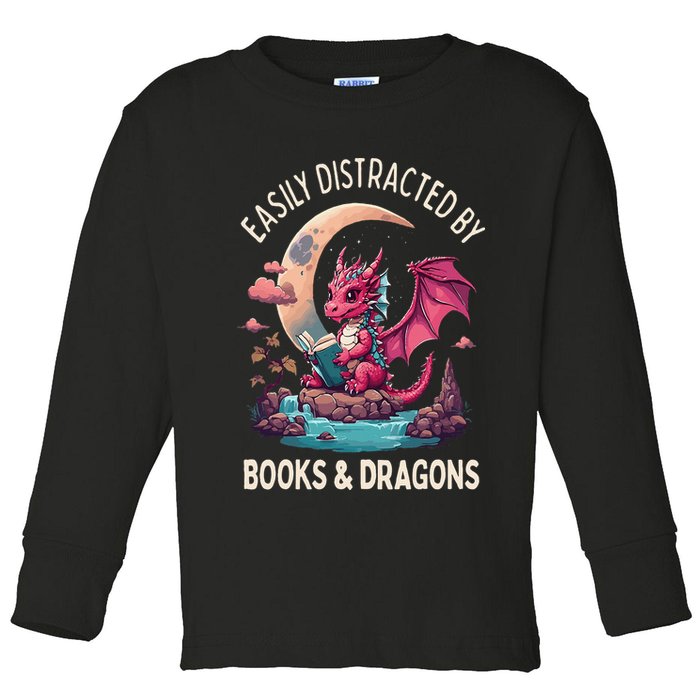 Easily distracted by books and dragons kawaii dragon reader Toddler Long Sleeve Shirt