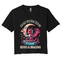 Easily distracted by books and dragons kawaii dragon reader Women's Crop Top Tee