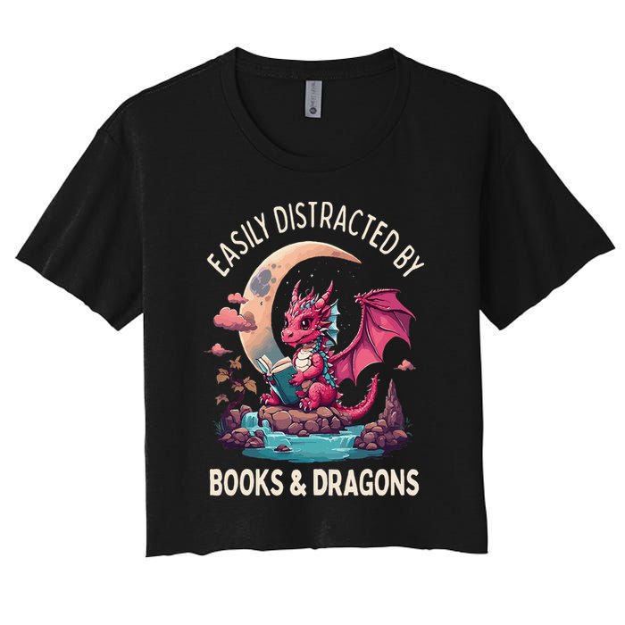 Easily distracted by books and dragons kawaii dragon reader Women's Crop Top Tee