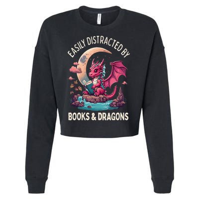 Easily distracted by books and dragons kawaii dragon reader Cropped Pullover Crew