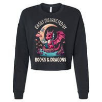 Easily distracted by books and dragons kawaii dragon reader Cropped Pullover Crew