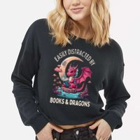 Easily distracted by books and dragons kawaii dragon reader Cropped Pullover Crew