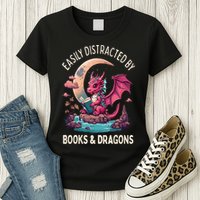 Easily distracted by books and dragons kawaii dragon reader Womens T-Shirt