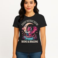 Easily distracted by books and dragons kawaii dragon reader Womens T-Shirt
