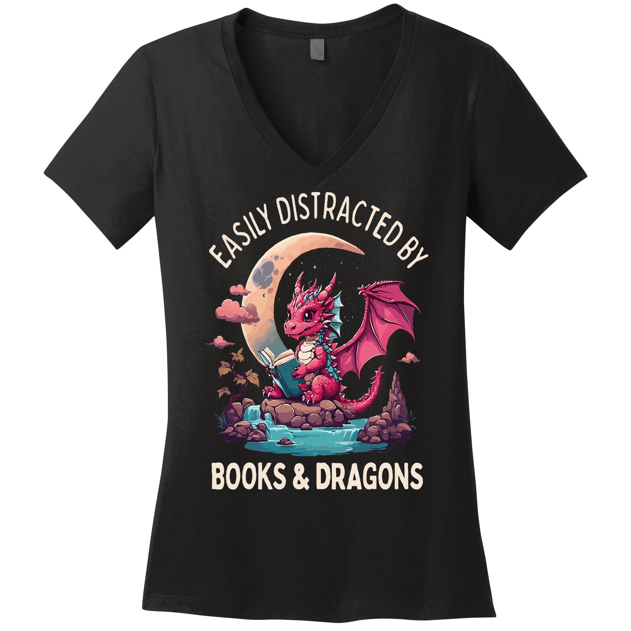 Easily distracted by books and dragons kawaii dragon reader Women's V-Neck T-Shirt