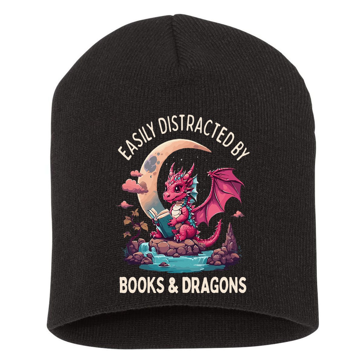 Easily distracted by books and dragons kawaii dragon reader Short Acrylic Beanie