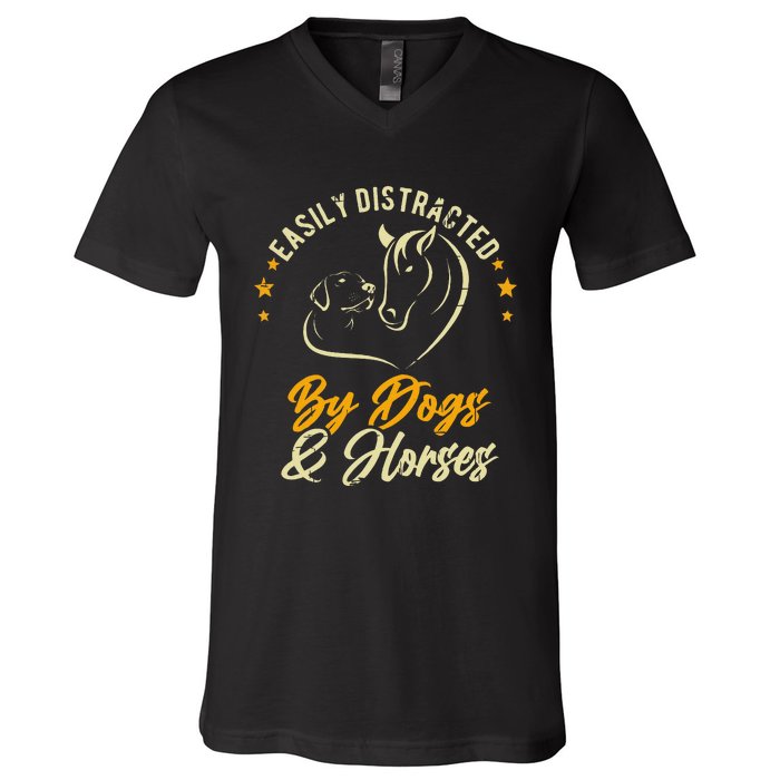 Easily Distracted By Dogs And Horses Dog Mom Horse Mom V-Neck T-Shirt