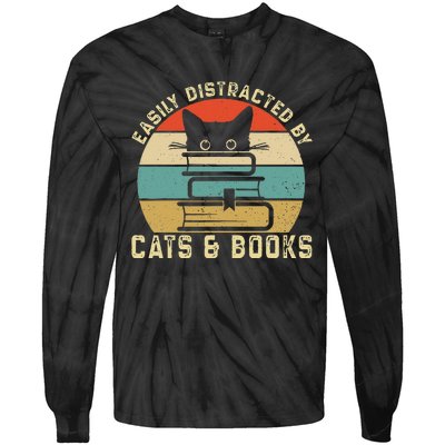 Easily Distracted By Cats And Books Funny Cat & Book Lover Tie-Dye Long Sleeve Shirt