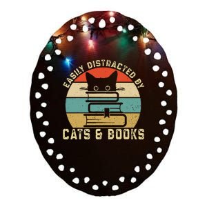 Easily Distracted By Cats And Books Funny Cat & Book Lover Ceramic Oval Ornament