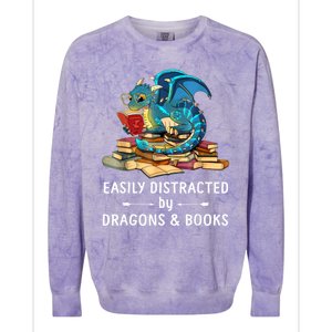 Easily Distracted By Dragons And Books Nerd Dragon Colorblast Crewneck Sweatshirt