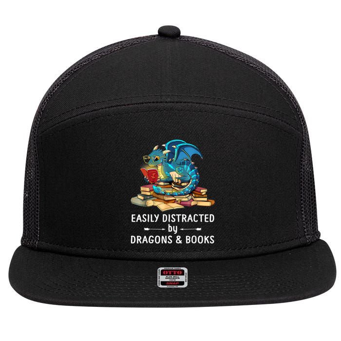 Easily Distracted By Dragons And Books Nerd Dragon 7 Panel Mesh Trucker Snapback Hat