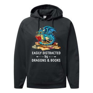 Easily Distracted By Dragons And Books Nerd Dragon Performance Fleece Hoodie