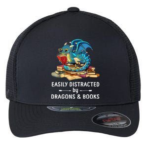 Easily Distracted By Dragons And Books Nerd Dragon Flexfit Unipanel Trucker Cap