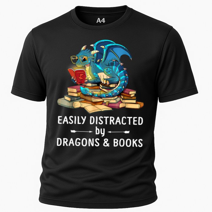 Easily Distracted By Dragons And Books Nerd Dragon Cooling Performance Crew T-Shirt