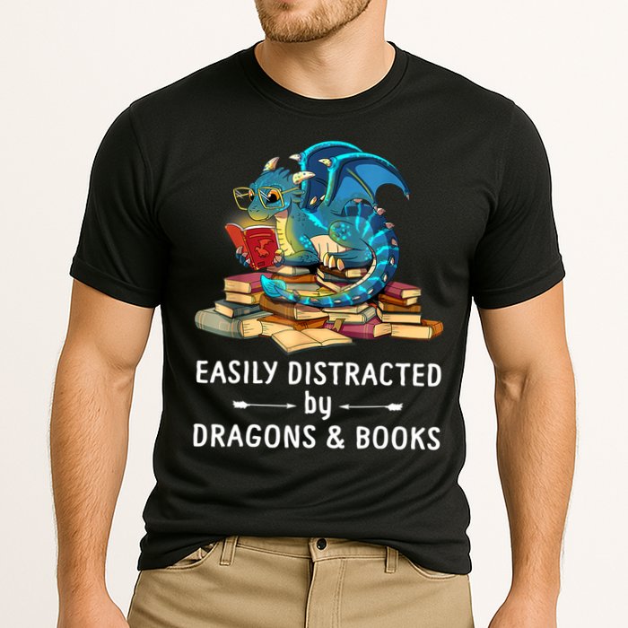 Easily Distracted By Dragons And Books Nerd Dragon Cooling Performance Crew T-Shirt