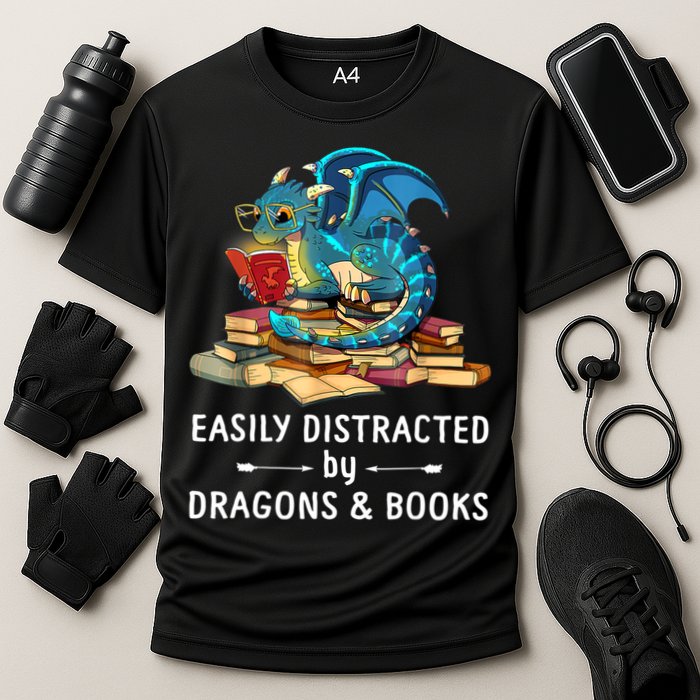 Easily Distracted By Dragons And Books Nerd Dragon Cooling Performance Crew T-Shirt