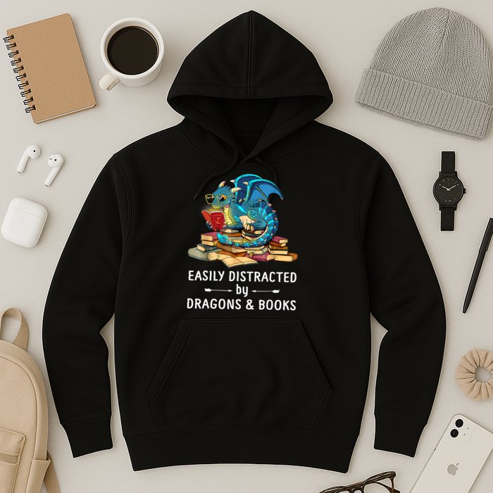 Easily Distracted By Dragons And Books Nerd Dragon Hoodie