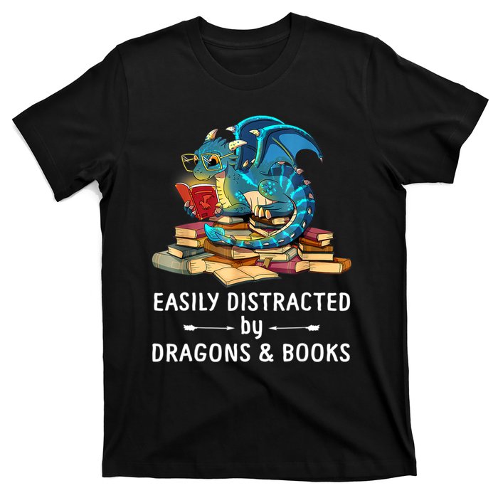 Easily Distracted By Dragons And Books Nerd Dragon T-Shirt