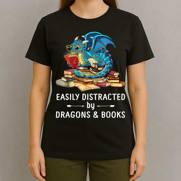 Easily Distracted By Dragons And Books Nerd Dragon T-Shirt