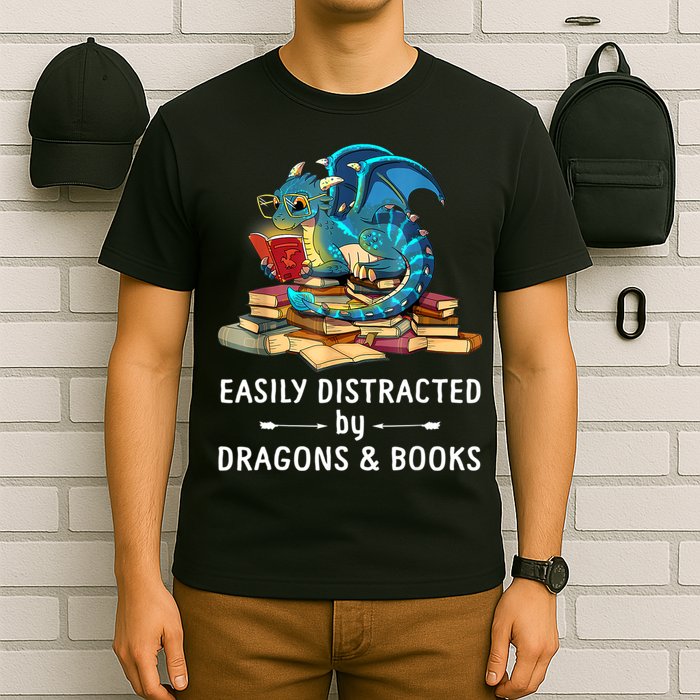 Easily Distracted By Dragons And Books Nerd Dragon T-Shirt