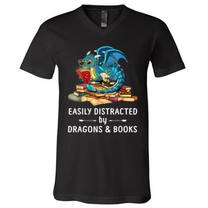 Easily Distracted By Dragons And Books Nerd Dragon V-Neck T-Shirt