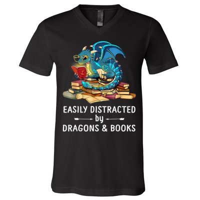 Easily Distracted By Dragons And Books Nerd Dragon V-Neck T-Shirt