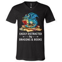 Easily Distracted By Dragons And Books Nerd Dragon V-Neck T-Shirt
