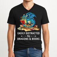 Easily Distracted By Dragons And Books Nerd Dragon V-Neck T-Shirt