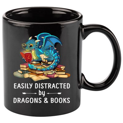 Easily Distracted By Dragons And Books Nerd Dragon 11oz C Handle Ceramic Mug