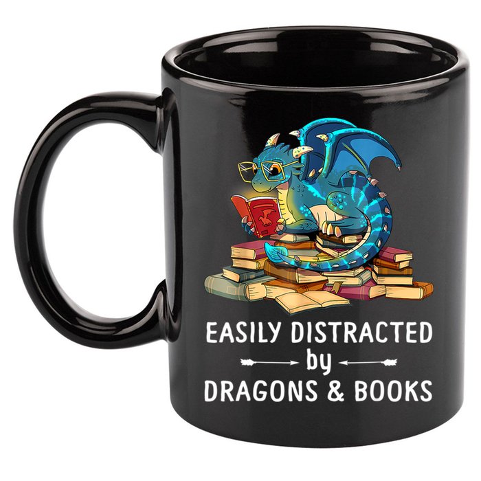 Easily Distracted By Dragons And Books Nerd Dragon 11oz C Handle Ceramic Mug