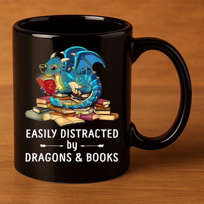 Easily Distracted By Dragons And Books Nerd Dragon 11oz C Handle Ceramic Mug
