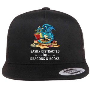 Easily Distracted By Dragons And Books Nerd Dragon Flat Bill Trucker Hat