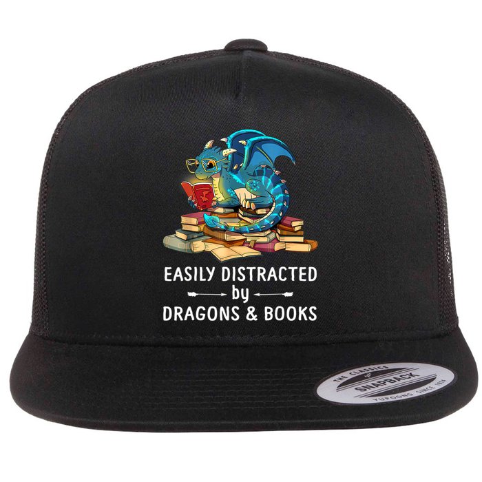 Easily Distracted By Dragons And Books Nerd Dragon Flat Bill Trucker Hat