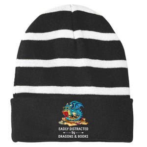 Easily Distracted By Dragons And Books Nerd Dragon Striped Beanie with Solid Band