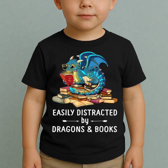 Easily Distracted By Dragons And Books Nerd Dragon Toddler T-Shirt