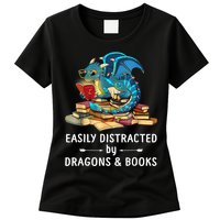 Easily Distracted By Dragons And Books Nerd Dragon Womens T-Shirt