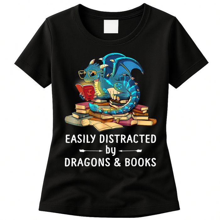 Easily Distracted By Dragons And Books Nerd Dragon Womens T-Shirt