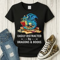 Easily Distracted By Dragons And Books Nerd Dragon Womens T-Shirt