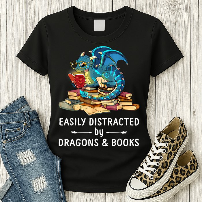 Easily Distracted By Dragons And Books Nerd Dragon Womens T-Shirt