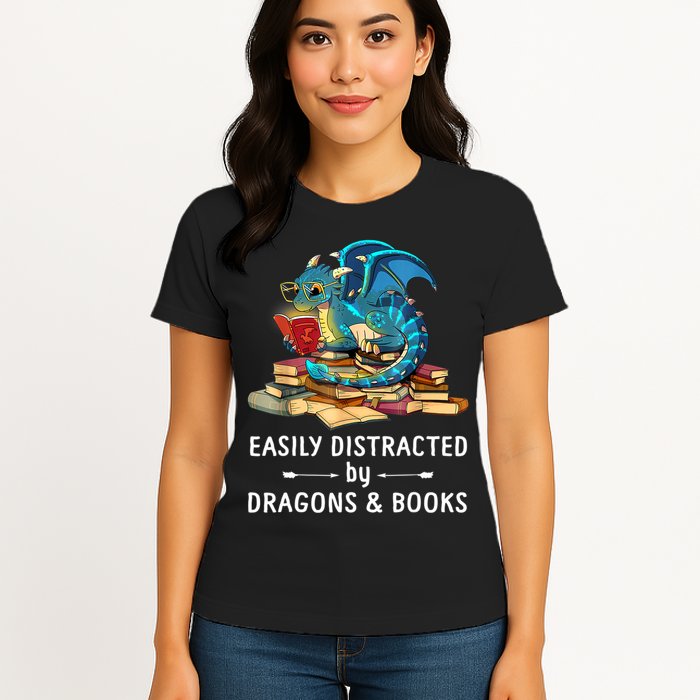 Easily Distracted By Dragons And Books Nerd Dragon Womens T-Shirt