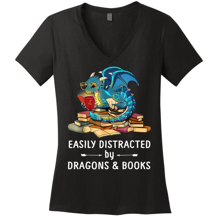 Easily Distracted By Dragons And Books Nerd Dragon Women's V-Neck T-Shirt