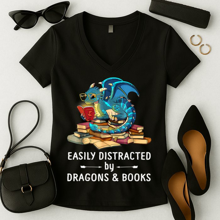 Easily Distracted By Dragons And Books Nerd Dragon Women's V-Neck T-Shirt