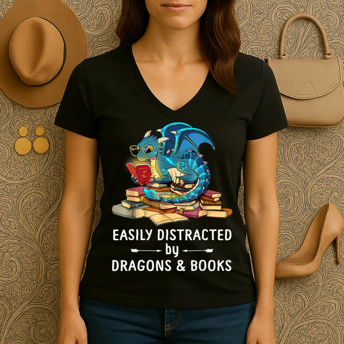 Easily Distracted By Dragons And Books Nerd Dragon Women's V-Neck T-Shirt