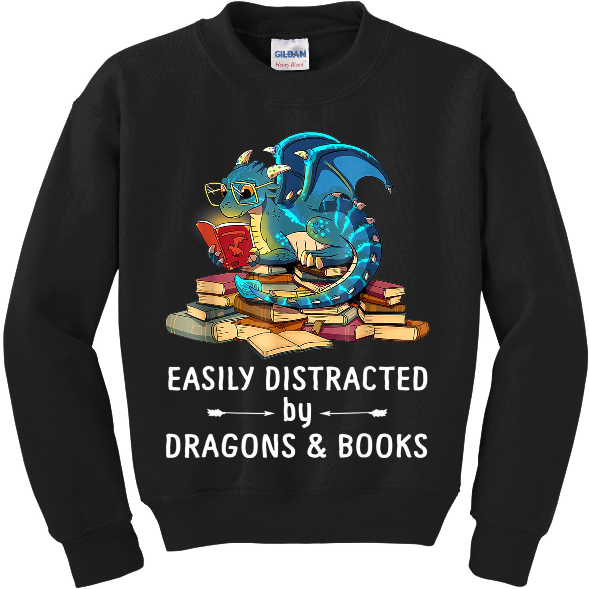 Easily Distracted By Dragons And Books Nerd Dragon Kids Sweatshirt