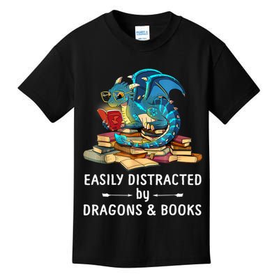 Easily Distracted By Dragons And Books Nerd Dragon Kids T-Shirt