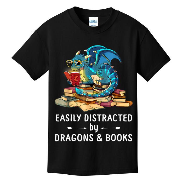 Easily Distracted By Dragons And Books Nerd Dragon Kids T-Shirt