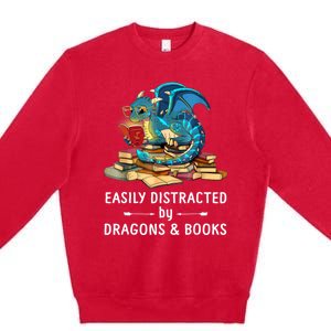 Easily Distracted By Dragons And Books Nerd Dragon Premium Crewneck Sweatshirt