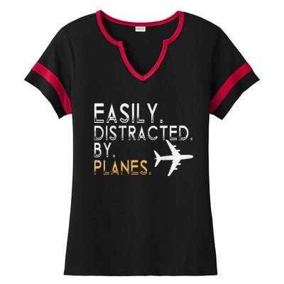 Easily Distracted By Airplanes Men Women Aviation Ladies Halftime Notch Neck Tee