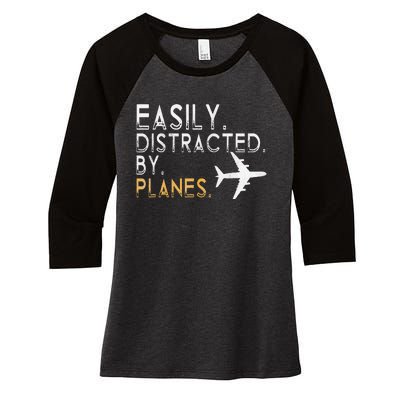 Easily Distracted By Airplanes Men Women Aviation Women's Tri-Blend 3/4-Sleeve Raglan Shirt