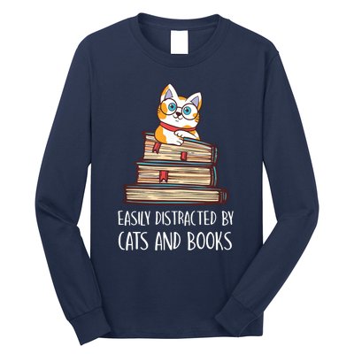 Easily Distracted By Cats And Books Cat & Book Lover Long Sleeve Shirt